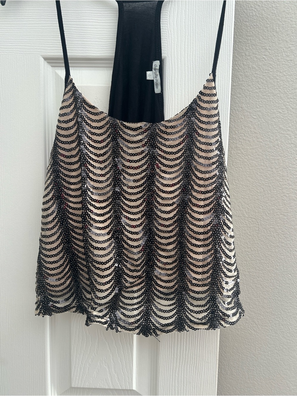 Charlotte Russe Black Sequin Scallop Camisole with Nude Lining